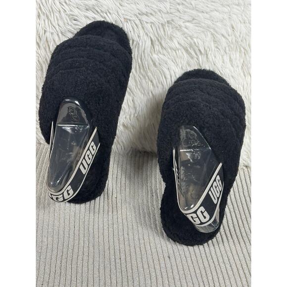 UGG Fluff Yeah Slide Shoes Womens Size 8 Black Fuzzy Slingback Sandals 1095119 - Picture 1 of 11